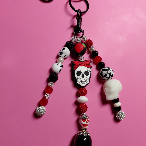 Gothic Skull Beaded Keychain Bag Charm with Rhinstone Bead Accents - Picture 2 of 6